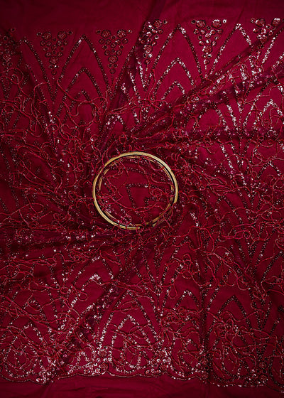 Maroon Imported Net Fabric With All Over Sequins And Katdana Work With Border 25549