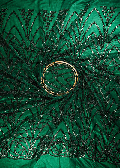 Bottle Green Imported Net Fabric With All Over Sequins And Katdana Work With Border 25550
