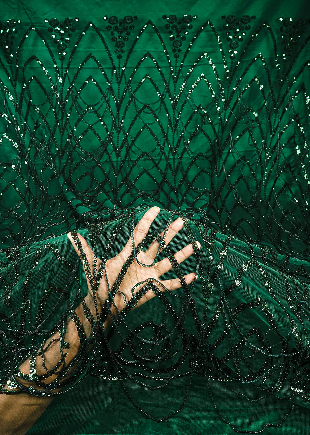 Bottle Green Imported Net Fabric With All Over Sequins And Katdana Work With Border 25550