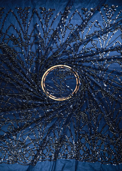 Navy Blue Imported Net Fabric With All Over Sequins And Katdana Work With Border 25551