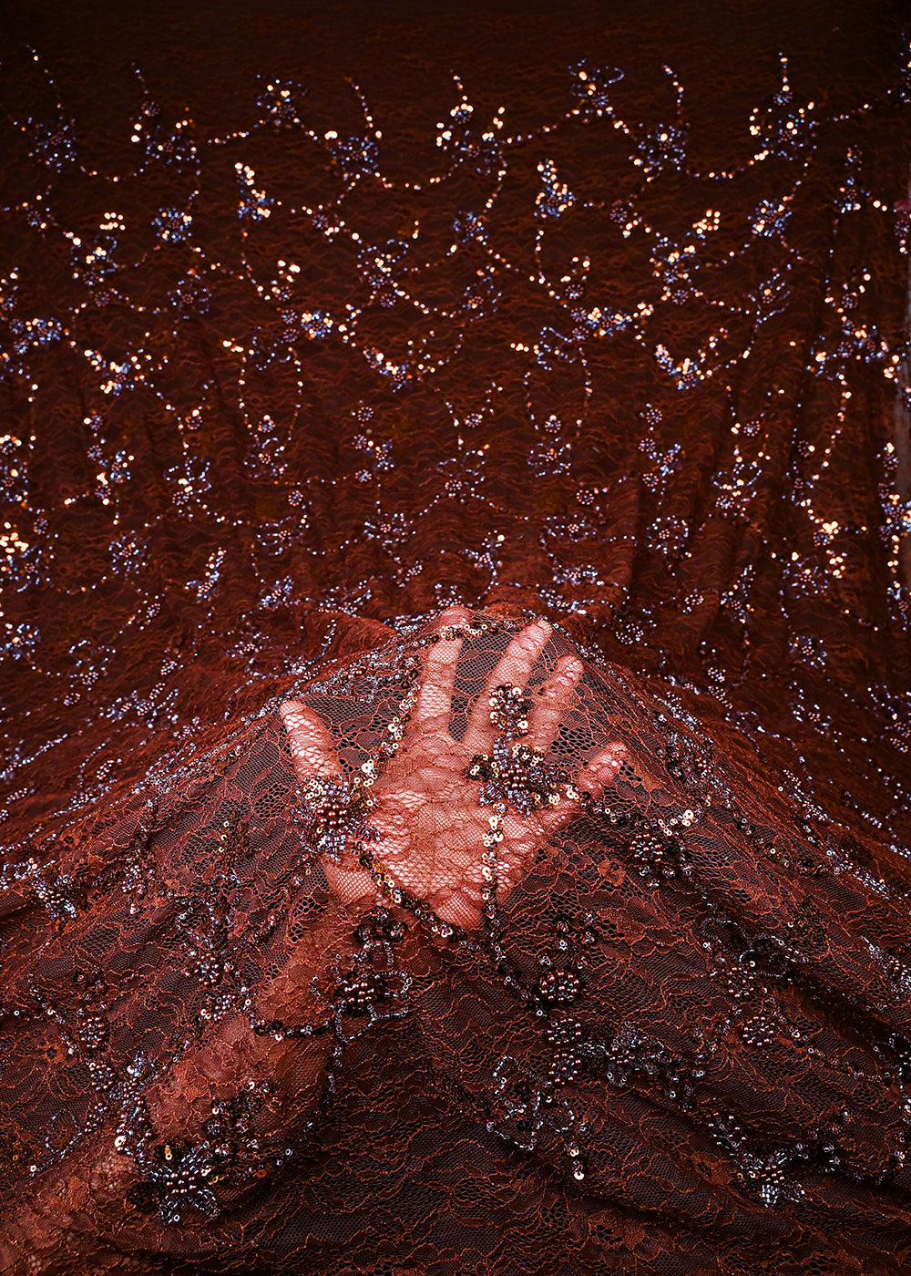Brown Sandlin Lace Fabric With All Over Sequins, Katdana And Bead Work 25559
