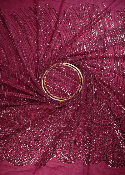 Maroon Imported Net Fabric With All Over Sequins, Katdana And Bead Work With One Side Border 25565