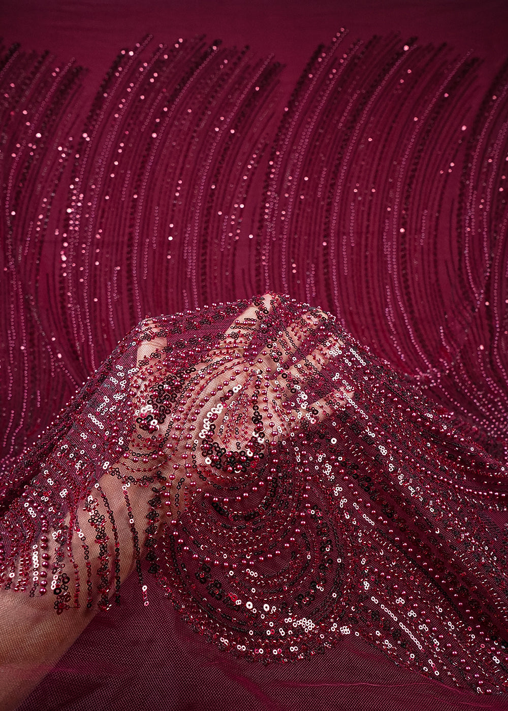 Maroon Imported Net Fabric With All Over Sequins, Katdana And Bead Work With One Side Border 25565