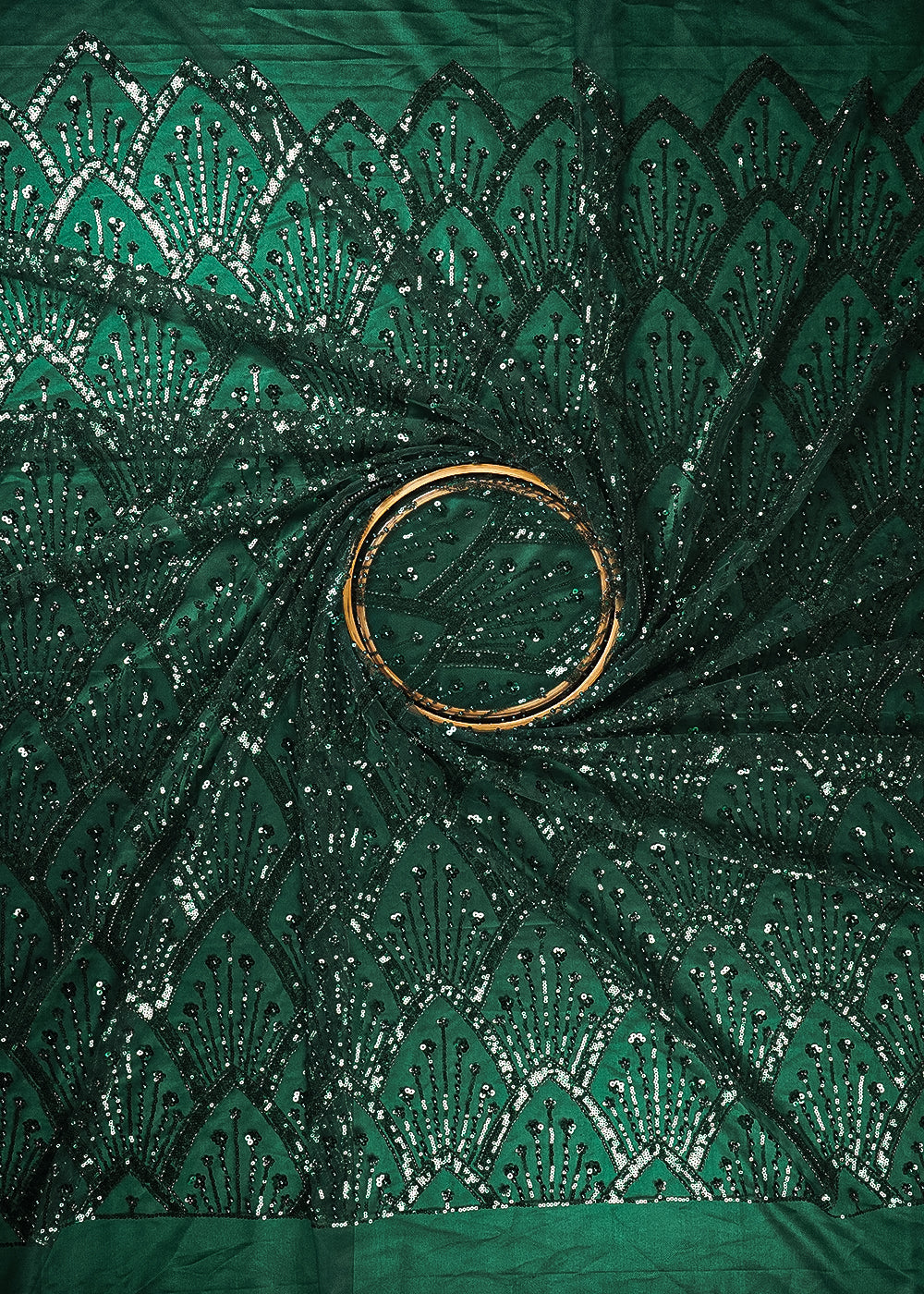 Bottle Green Imported Net Fabric With All Over Sequins, Katdana And Bead Work With One Side Border 25566