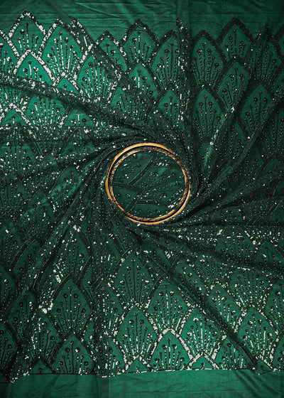 Bottle Green Imported Net Fabric With All Over Sequins, Katdana And Bead Work With One Side Border 25566