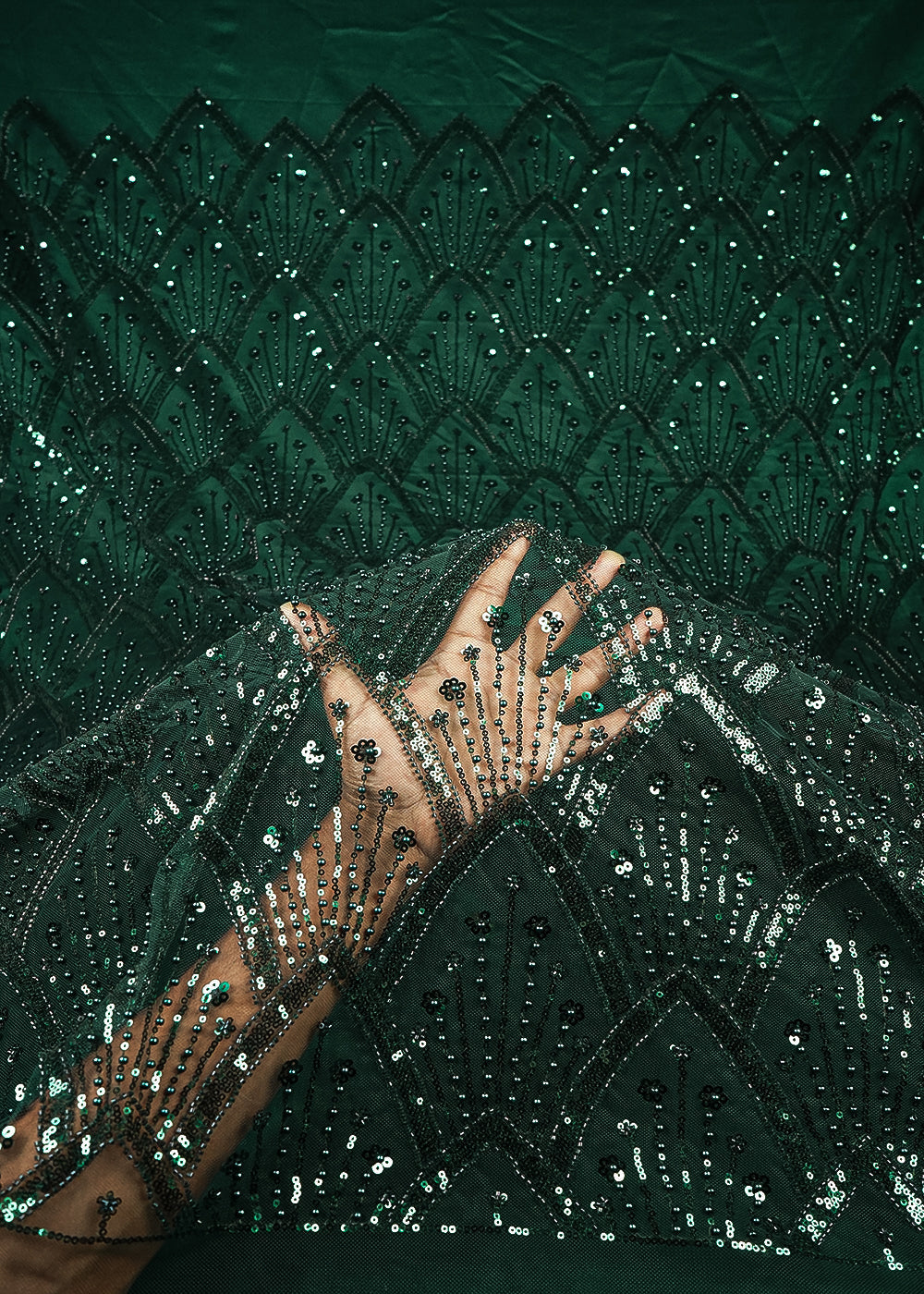 Bottle Green Imported Net Fabric With All Over Sequins, Katdana And Bead Work With One Side Border 25566