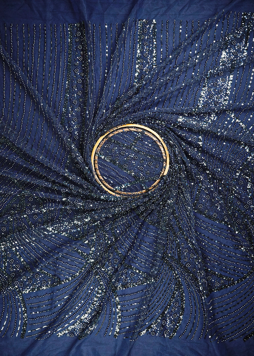 Navy Blue Imported Net Fabric With All Over Sequins, Katdana And Bead Work With One Side Border 25567