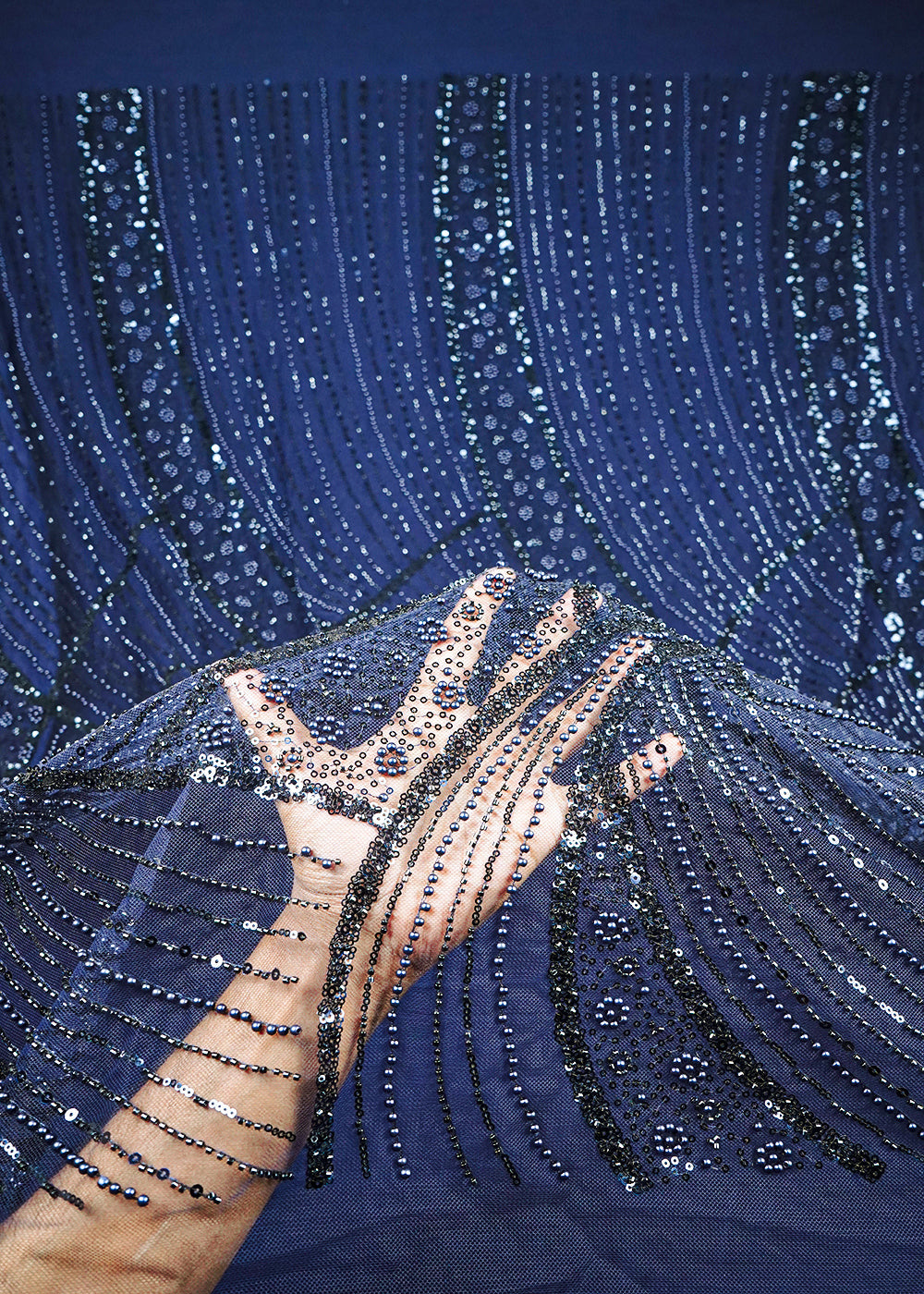 Navy Blue Imported Net Fabric With All Over Sequins, Katdana And Bead Work With One Side Border 25567