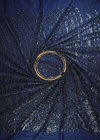 Navy Blue Imported Net Fabric With All Over Sequins, Katdana And Bead Work With One Side Border 25568