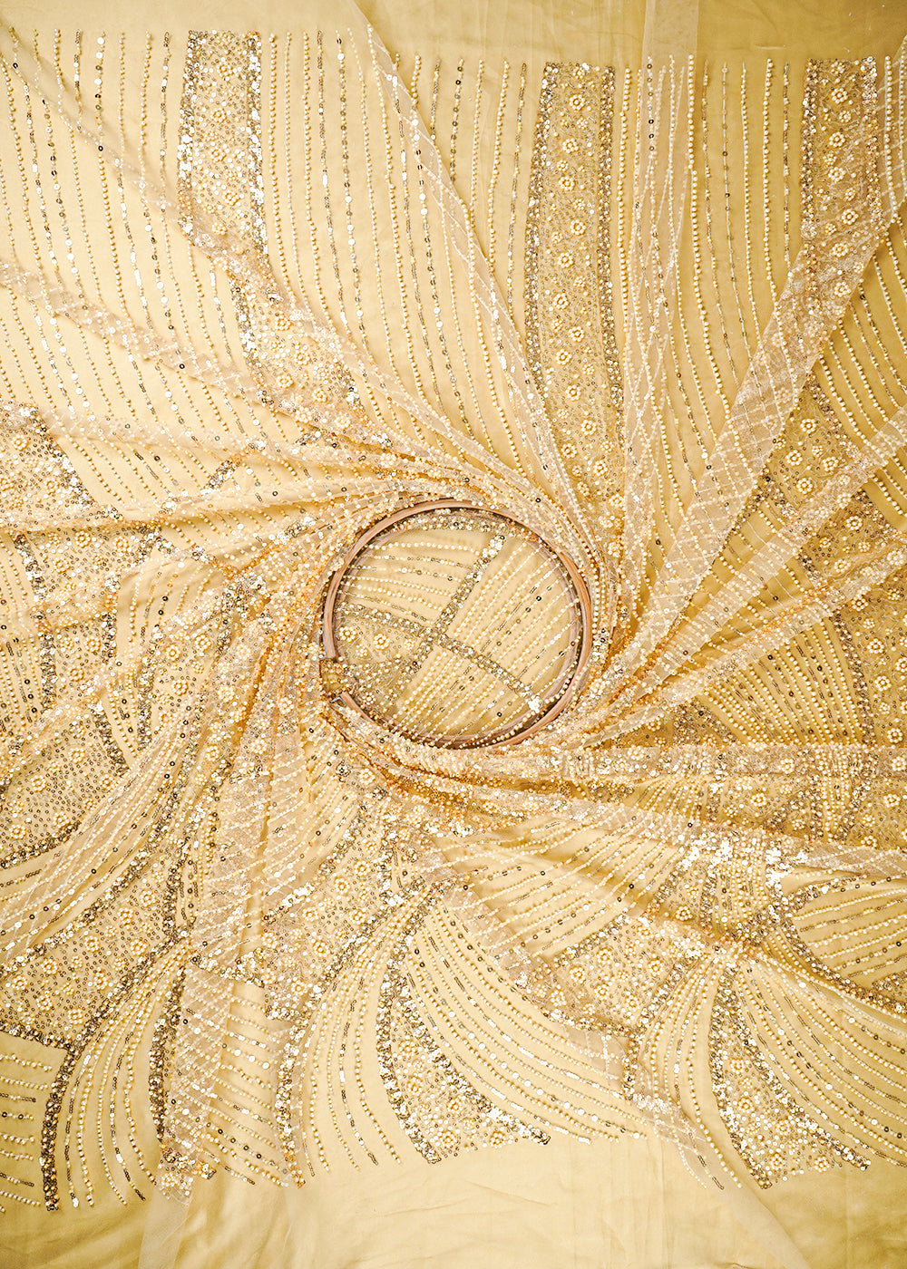Golden Imported Net Fabric With All Over Sequins, Katdana And Bead Work With One Side Border 25570