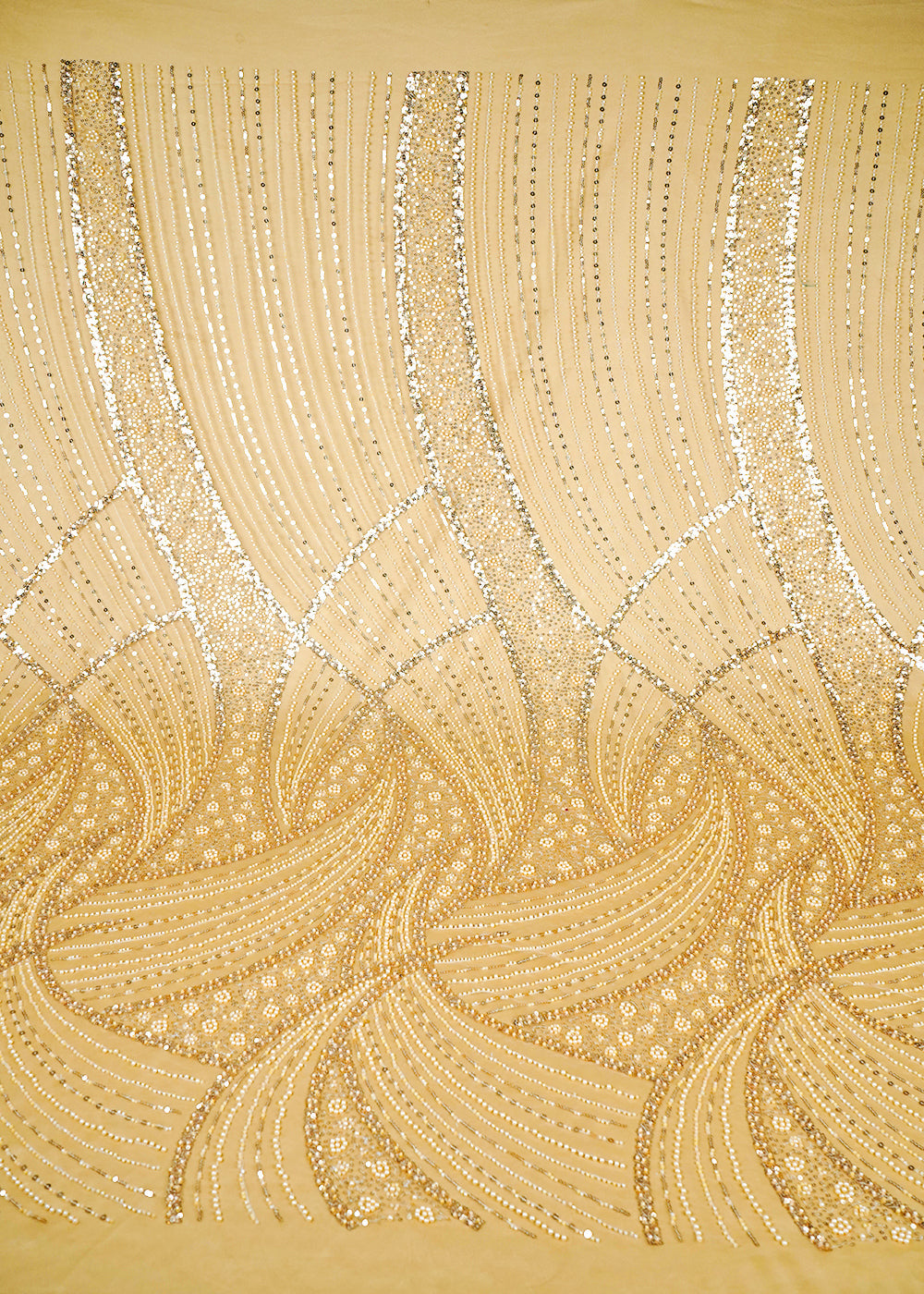 Golden Imported Net Fabric With All Over Sequins, Katdana And Bead Work With One Side Border 25570