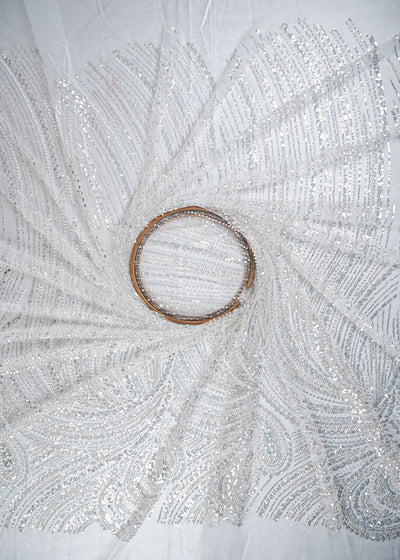 White Imported Net Fabric With All Over Sequins, Katdana And Bead Work With One Side Border 25572