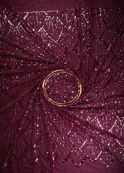 Maroon Imported Net Fabric With All Over Sequins, Katdana And Bead Work With One Side Border 25573