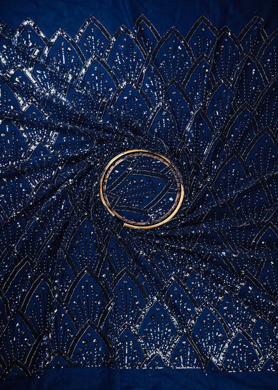 Navy Blue Imported Net Fabric With All Over Sequins, Katdana And Bead Work With One Side Border 25574