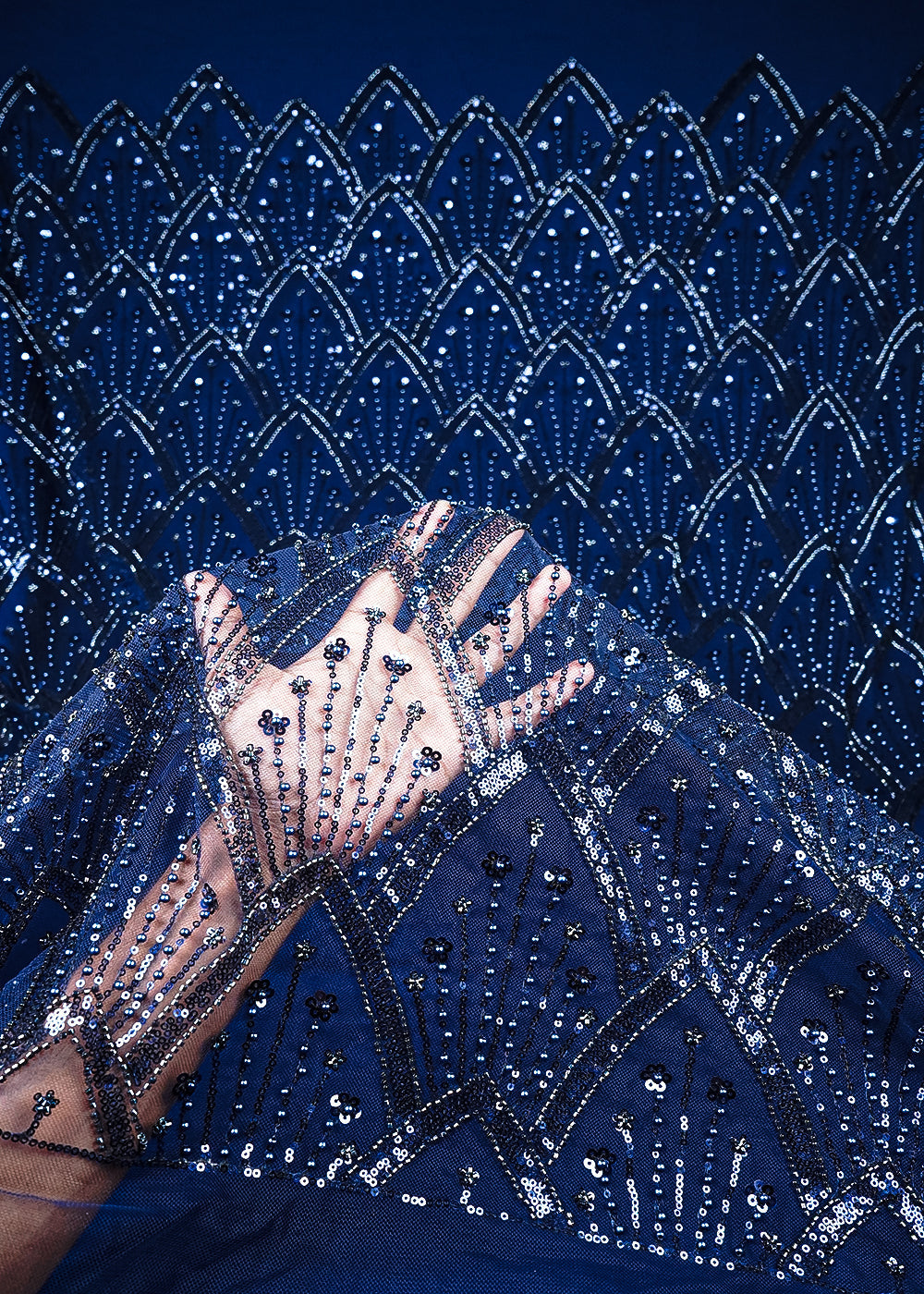Navy Blue Imported Net Fabric With All Over Sequins, Katdana And Bead Work With One Side Border 25574