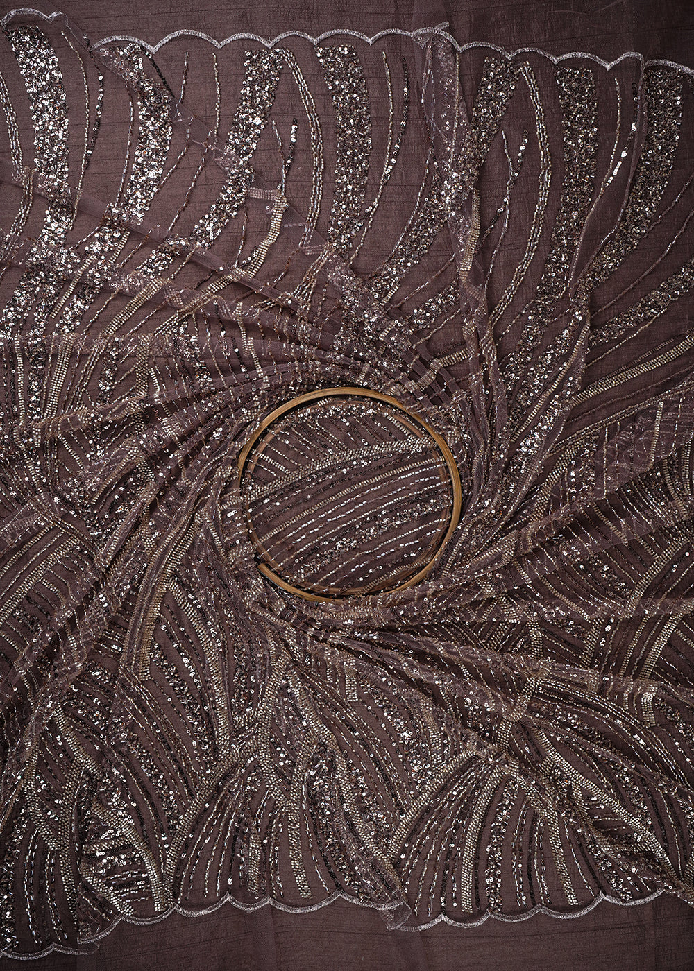 Brown Imported Net Fabric With All Over Sequins And Katdana Work With One Side Border 25575