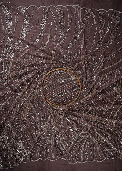 Brown Imported Net Fabric With All Over Sequins And Katdana Work With One Side Border 25575