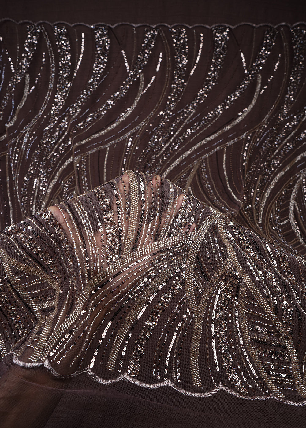 Brown Imported Net Fabric With All Over Sequins And Katdana Work With One Side Border 25575