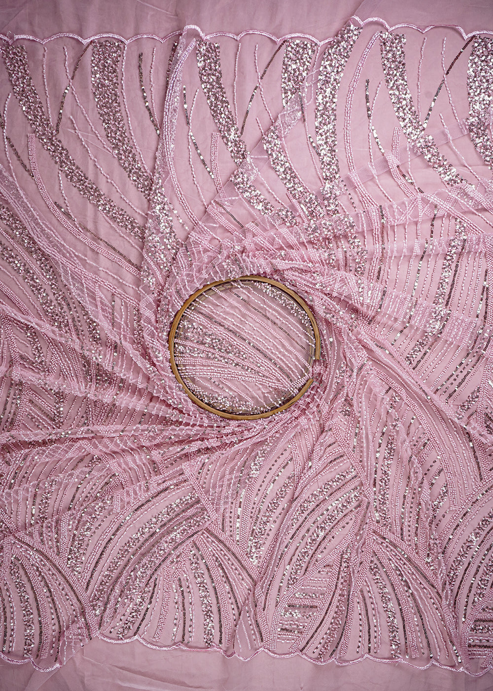 Pink Imported Net Fabric With All Over Sequins And Katdana Work With One Side Border 25576