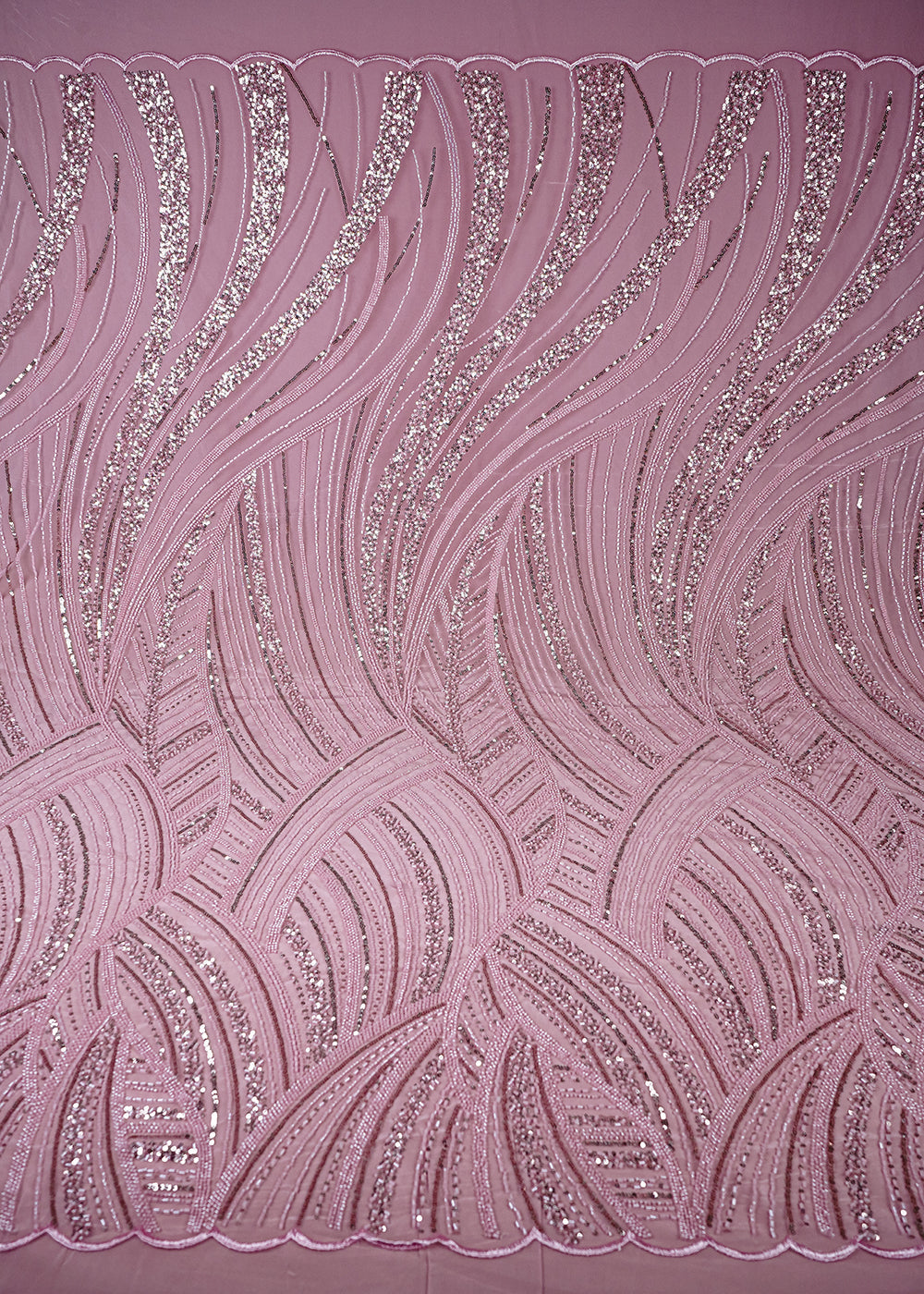 Pink Imported Net Fabric With All Over Sequins And Katdana Work With One Side Border 25576