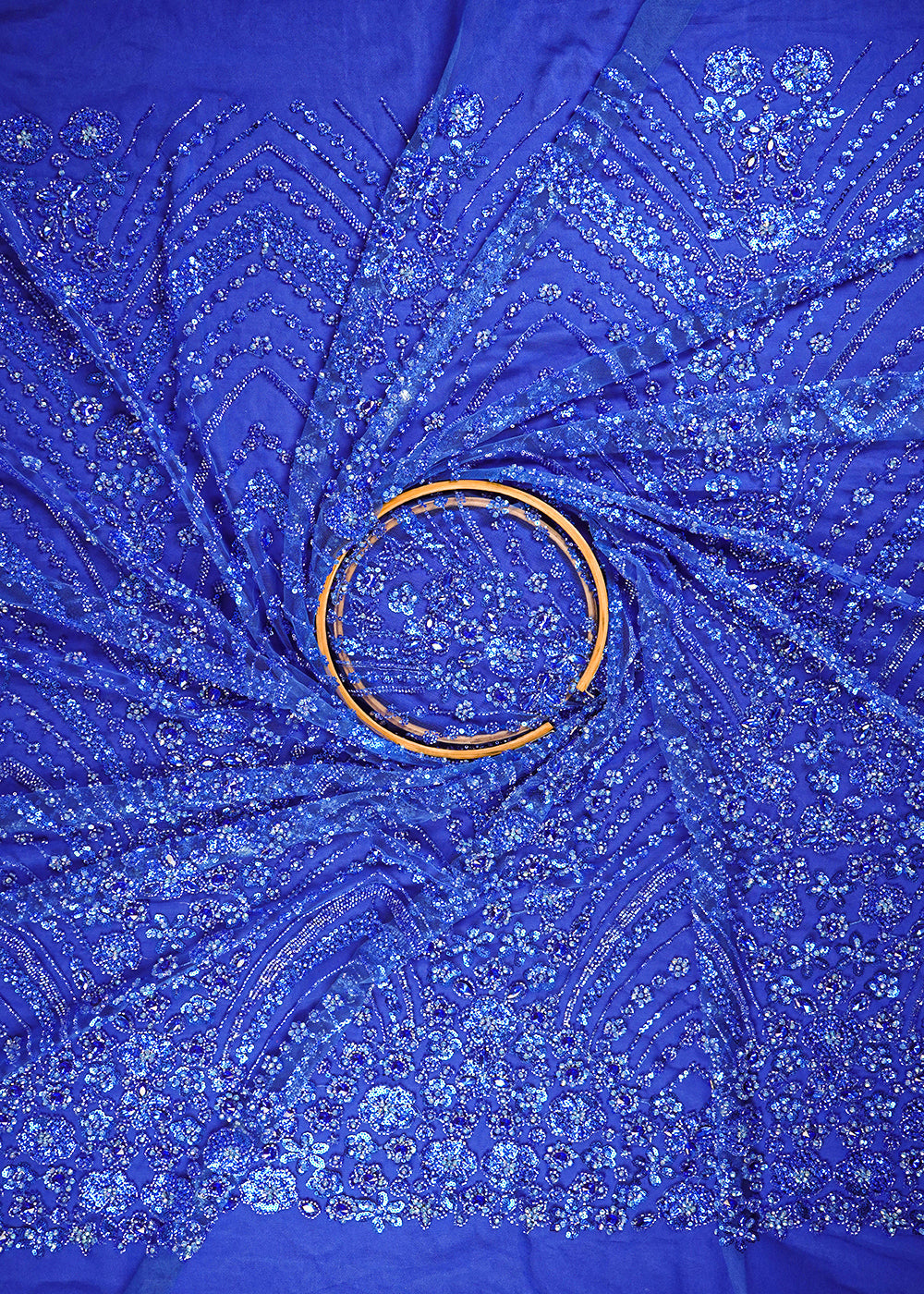 Royal Blue Imported Net Fabric With All Over Sequins, Katdana And Stone Work With Border 25584