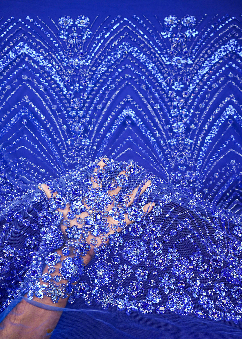 Royal Blue Imported Net Fabric With All Over Sequins, Katdana And Stone Work With Border 25584