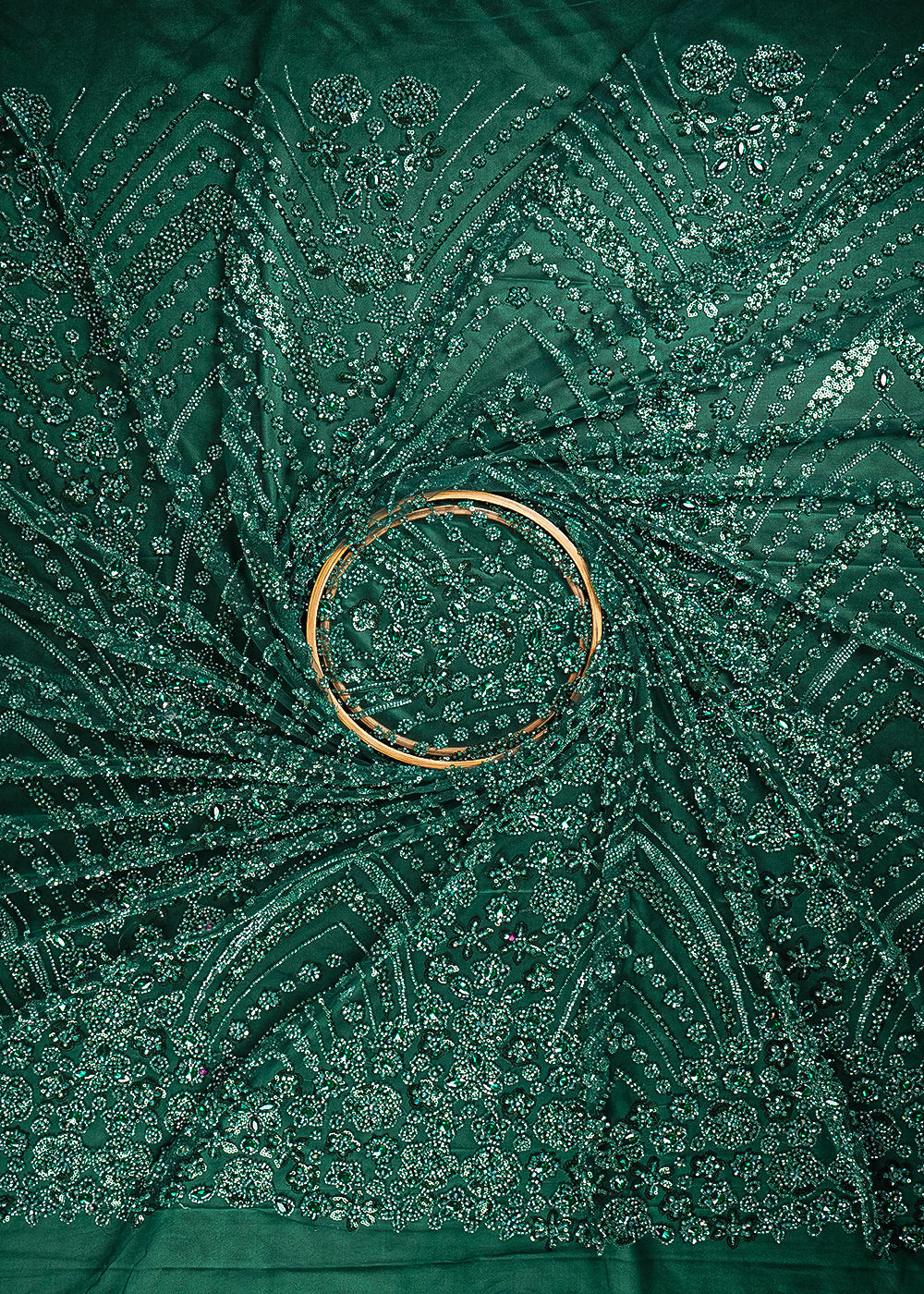 Bottle Green Imported Net Fabric With All Over Sequins, Katdana And Stone Work With Border 25586