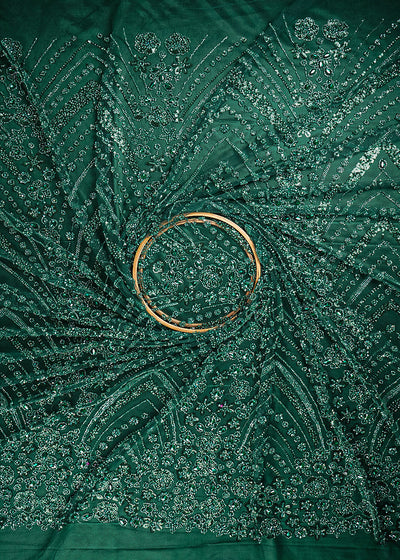 Bottle Green Imported Net Fabric With All Over Sequins, Katdana And Stone Work With Border 25586