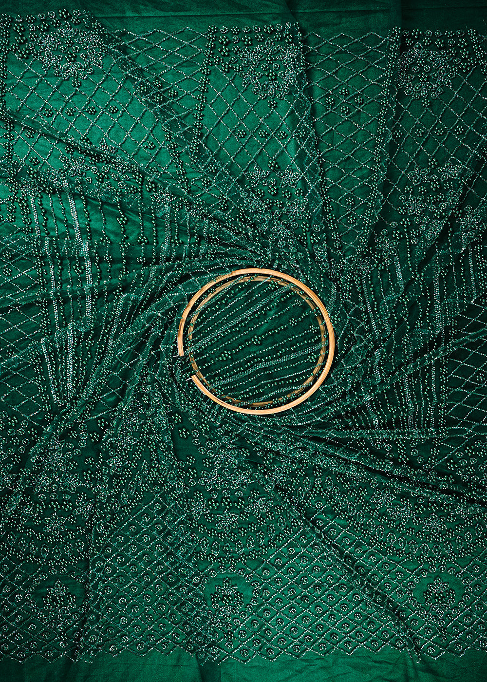 Bottle Green Imported Net Fabric With All Over Katdana And Bead Work With One Side Border 25587