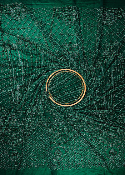 Bottle Green Imported Net Fabric With All Over Katdana And Bead Work With One Side Border 25587