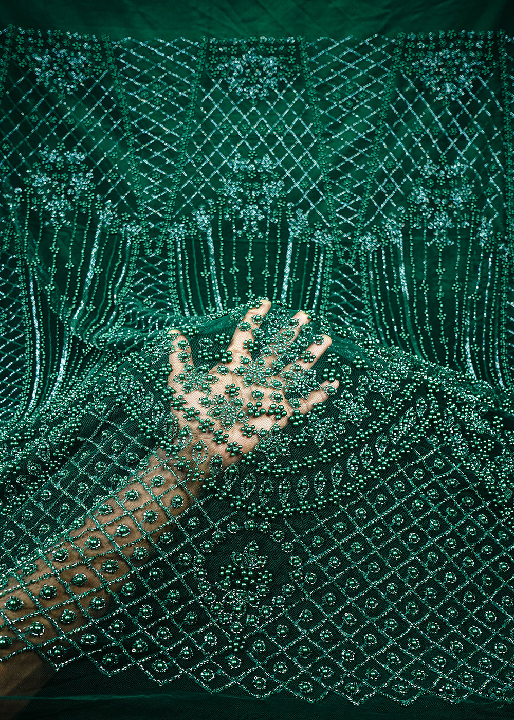 Bottle Green Imported Net Fabric With All Over Katdana And Bead Work With One Side Border 25587