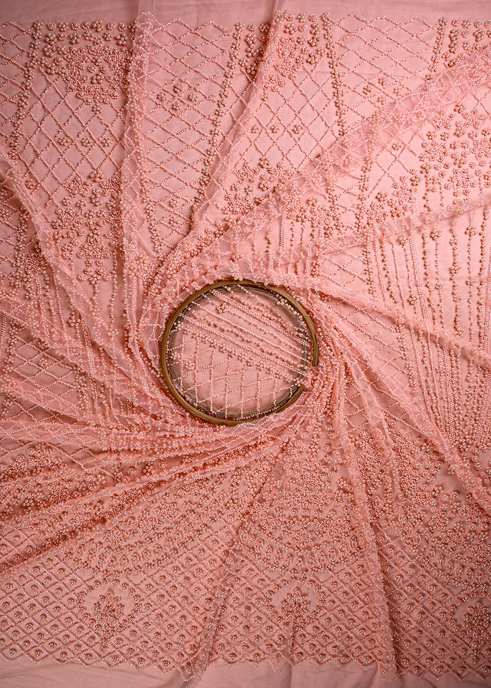 Peach Imported Net Fabric With All Over Katdana And Bead Work With One Side Border 25588