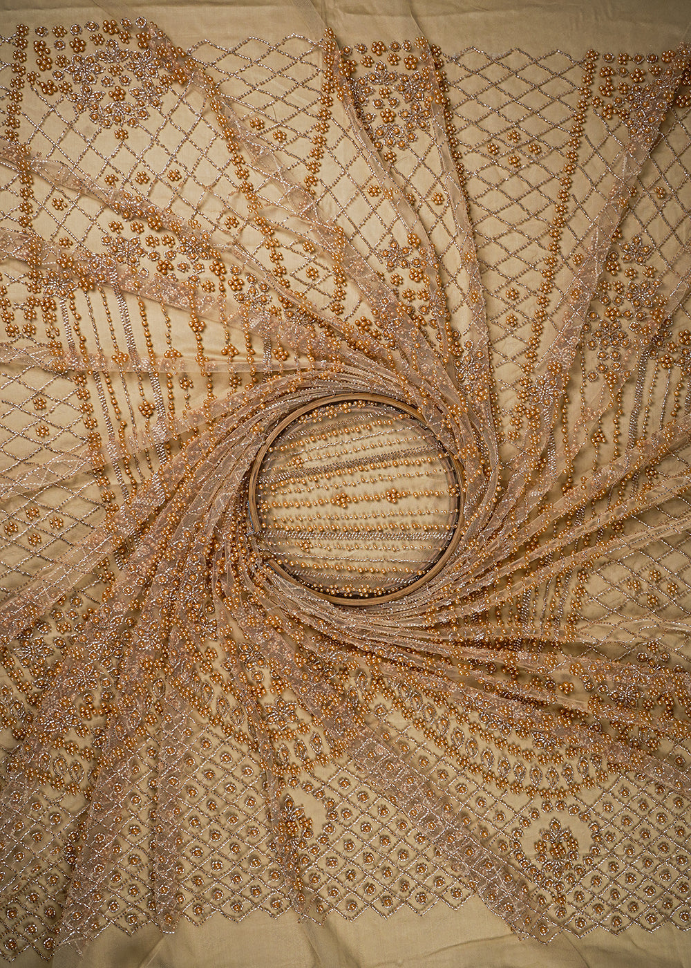 Golden Imported Net Fabric With All Over Katdana And Bead Work With One Side Border 25589