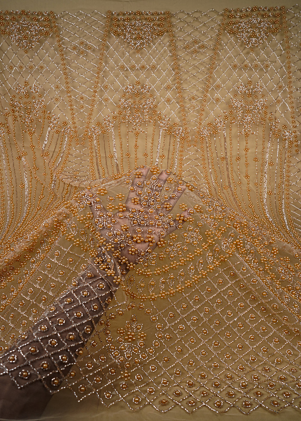 Golden Imported Net Fabric With All Over Katdana And Bead Work With One Side Border 25589