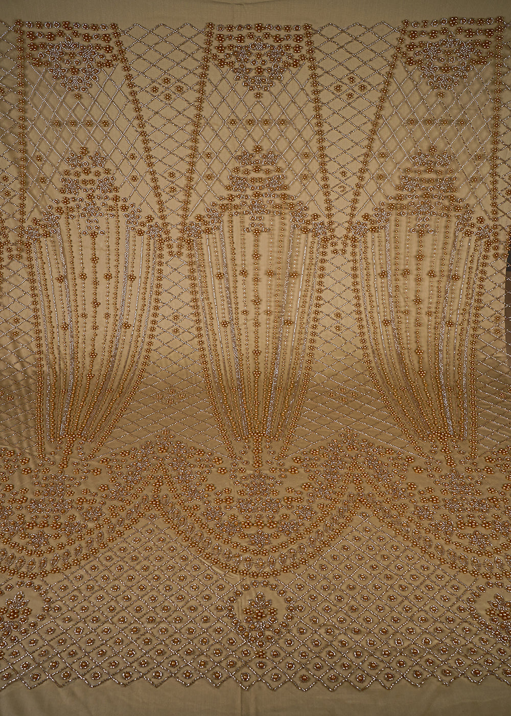Golden Imported Net Fabric With All Over Katdana And Bead Work With One Side Border 25589