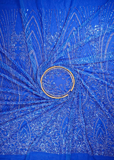 Royal Blue Imported Net Fabric With All Over Sequins, Katdana And Bead Work With One Side Border 25590
