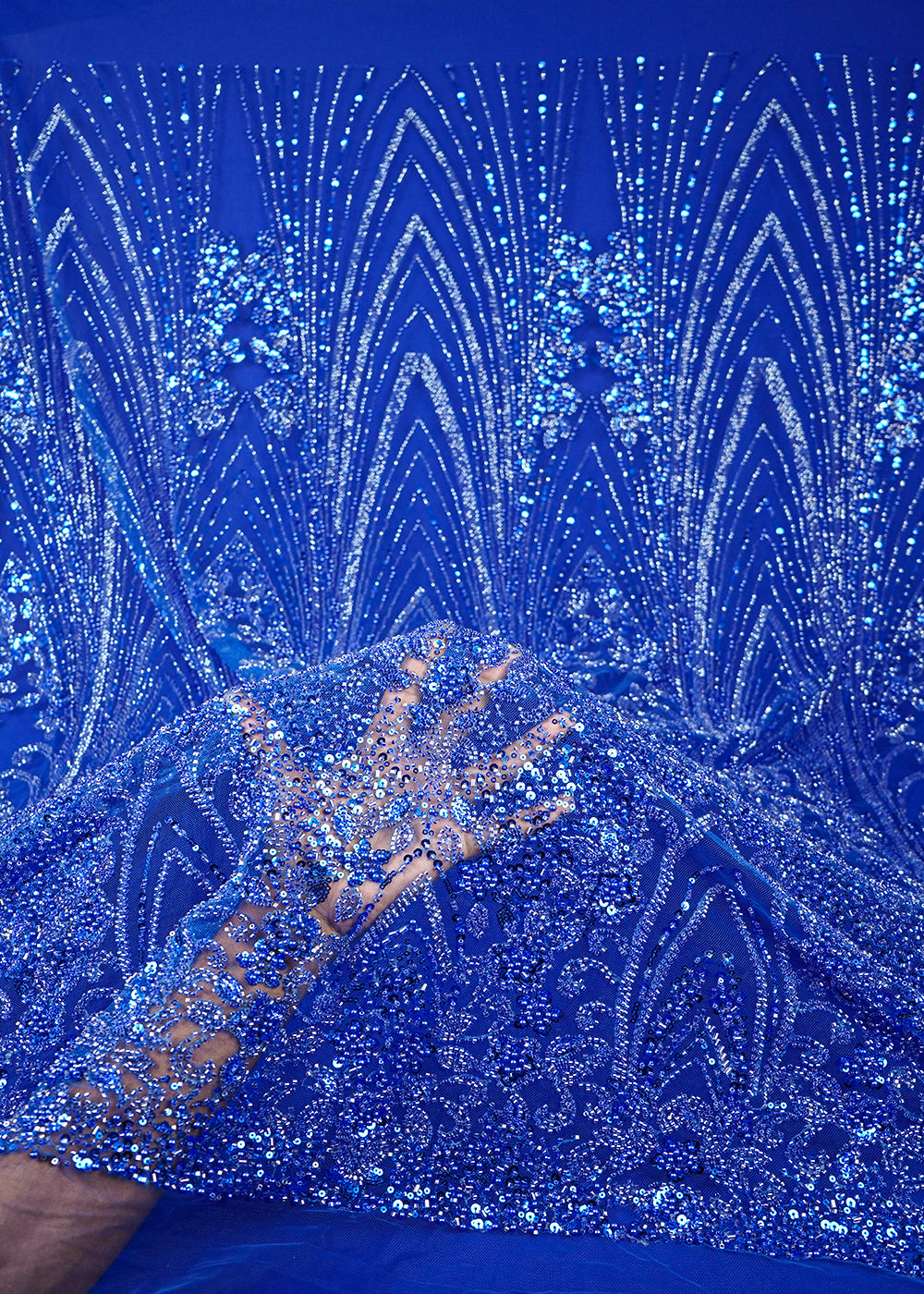 Royal Blue Imported Net Fabric With All Over Sequins, Katdana And Bead Work With One Side Border 25590