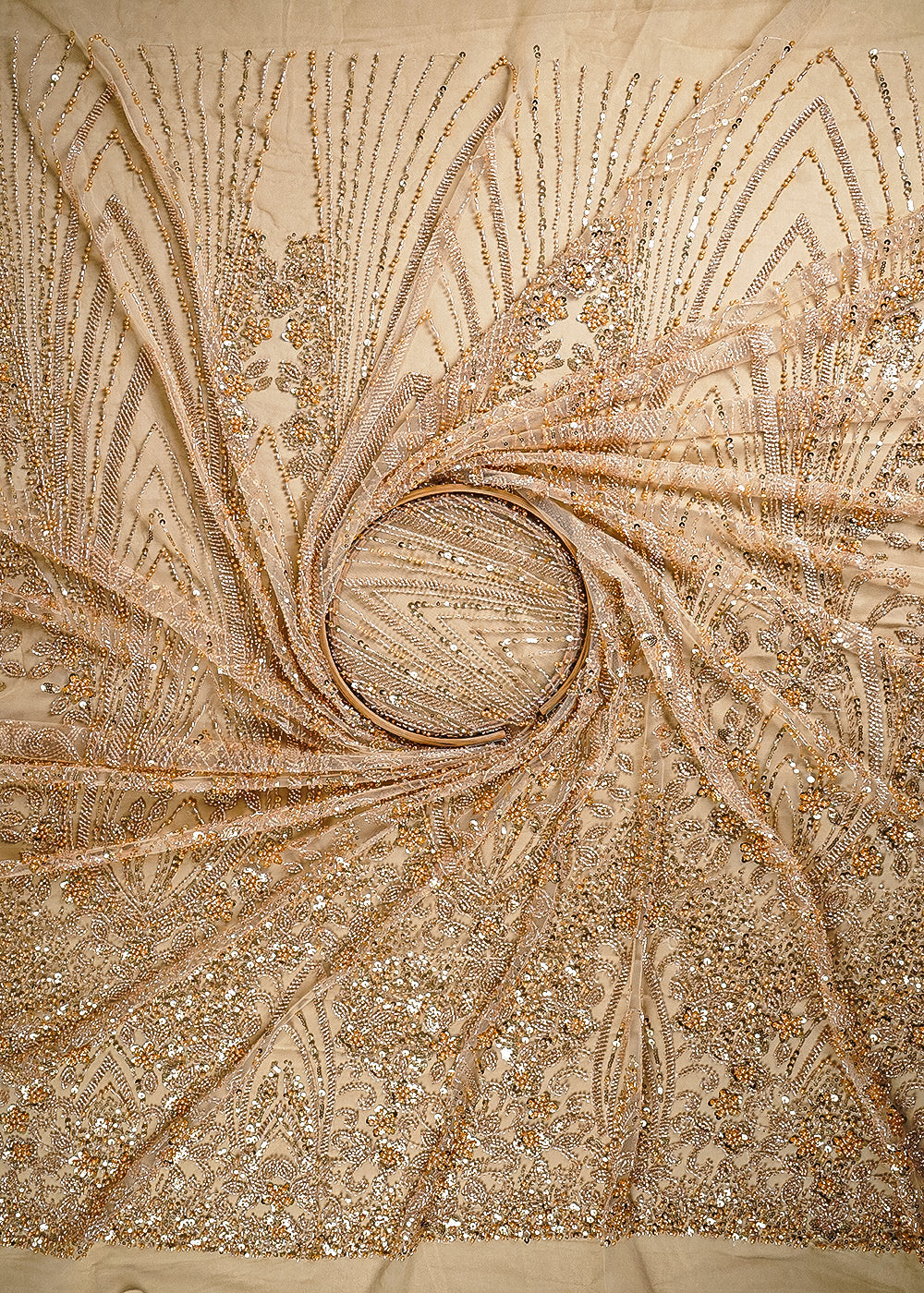 Golden Imported Net Fabric With All Over Sequins, Katdana And Bead Work With One Side Border 25591