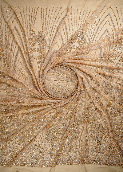 Golden Imported Net Fabric With All Over Sequins, Katdana And Bead Work With One Side Border 25591
