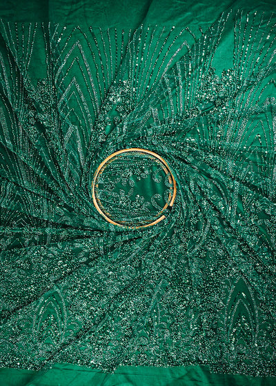 Bottle Green Imported Net Fabric With All Over Sequins, Katdana And Bead Work With One Side Border 25592