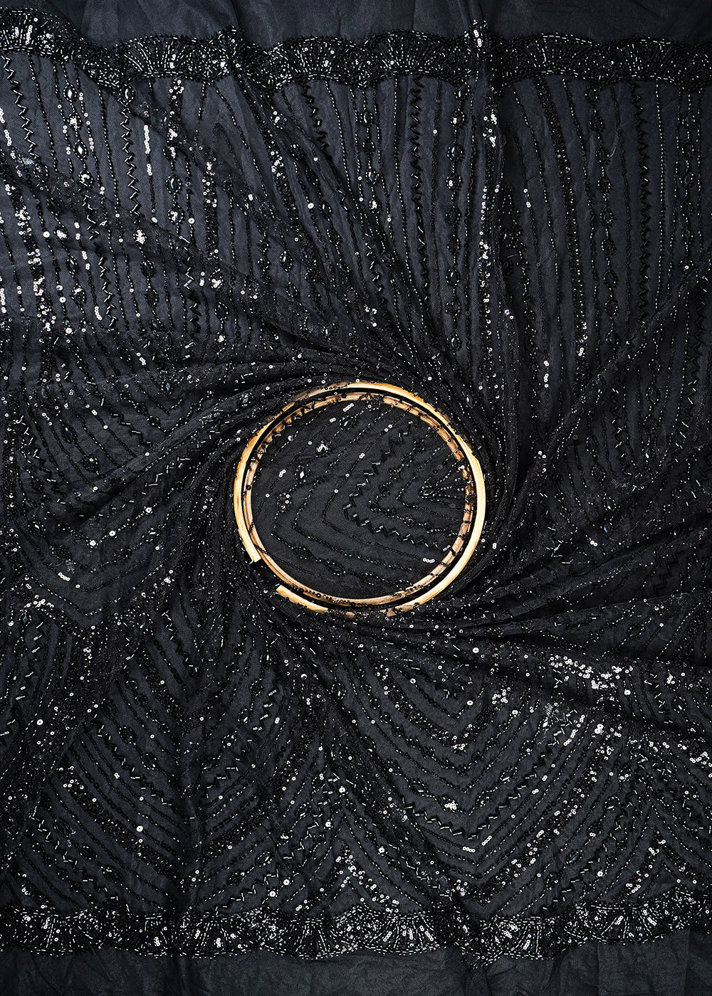 Black Imported Net Fabric With All Over Sequins, Katdana And Stone Work 25595