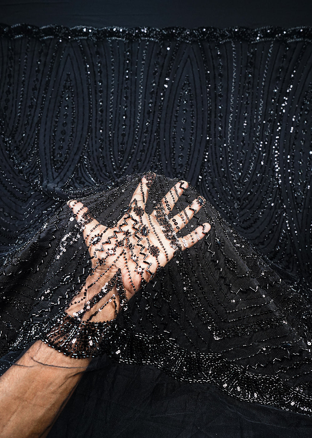 Black Imported Net Fabric With All Over Sequins, Katdana And Stone Work 25595