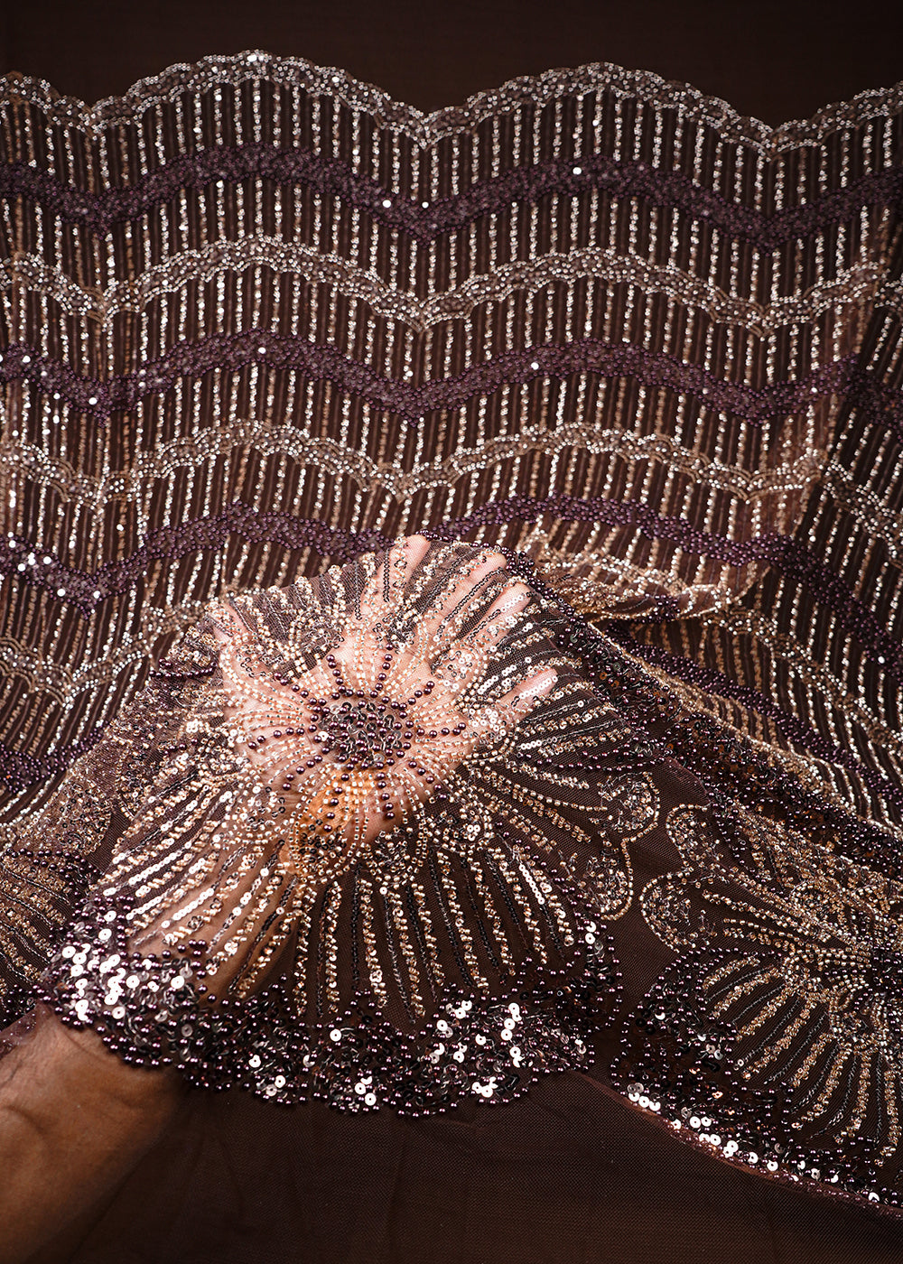 Brown Imported Net Fabric With All Over Sequins, Katdana And Bead Work 25596