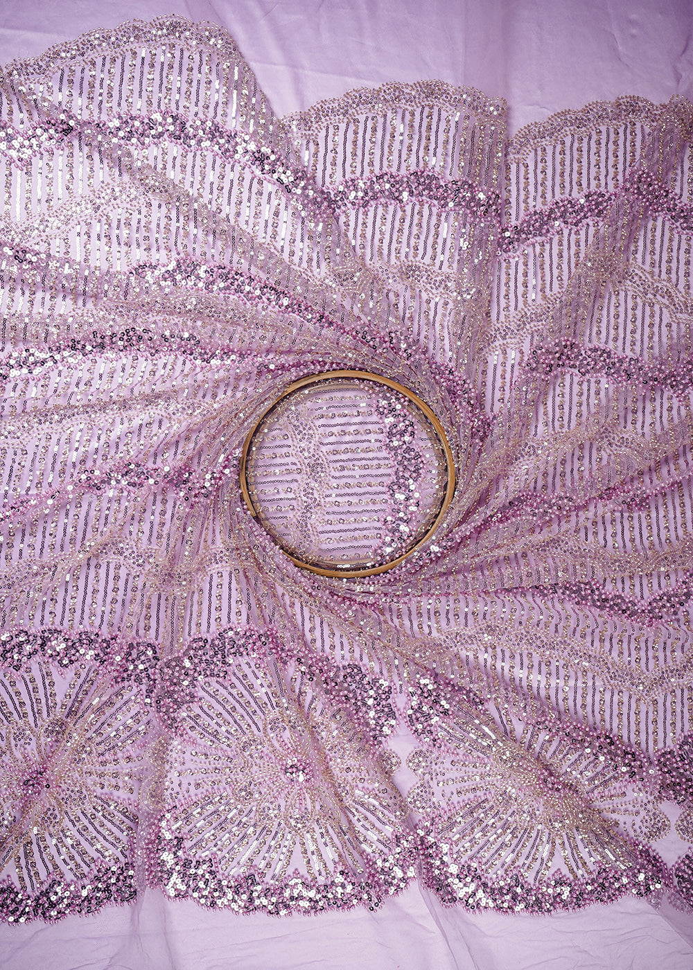 Baby Pink Imported Net Fabric With All Over Sequins, Katdana And Bead Work 25598