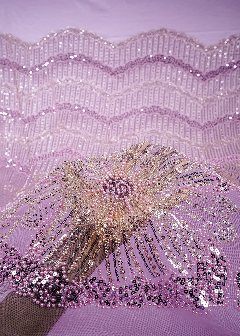 Baby Pink Imported Net Fabric With All Over Sequins, Katdana And Bead Work 25598