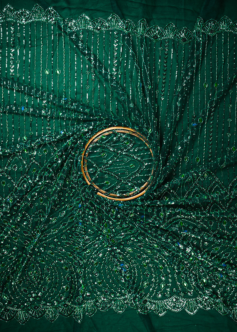 Bottle Green Imported Net Fabric With All Over Sequins, Katdana And Stone Work With One Side Heavy Border 25599