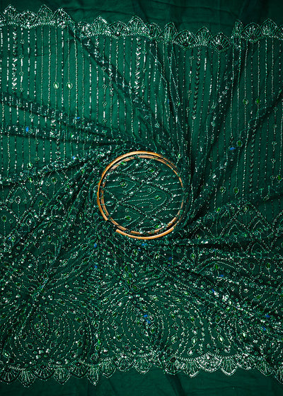 Bottle Green Imported Net Fabric With All Over Sequins, Katdana And Stone Work With One Side Heavy Border 25599