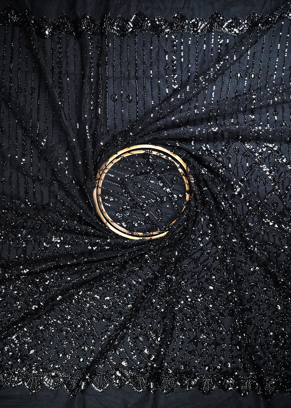 Black Imported Net Fabric With All Over Sequins, Katdana And Stone Work With One Side Heavy Border 25600