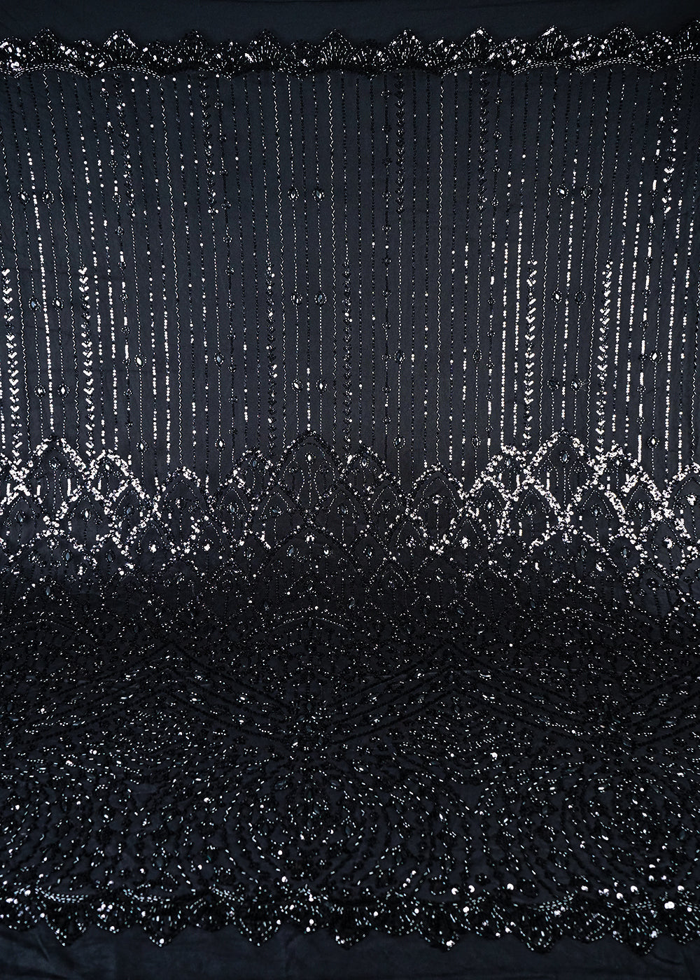Black Imported Net Fabric With All Over Sequins, Katdana And Stone Work With One Side Heavy Border 25600