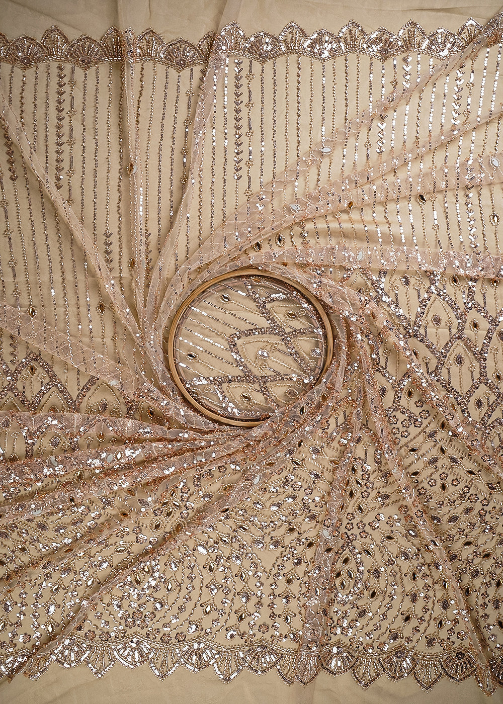 Golden Imported Net Fabric With All Over Sequins, Katdana And Stone Work With One Side Heavy Border 25601